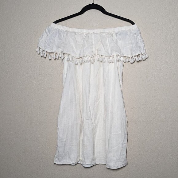 Very J Mini Dress Boho Off the Shoulder Tass Oatmeal M Vacation Lined - Picture 1 of 9